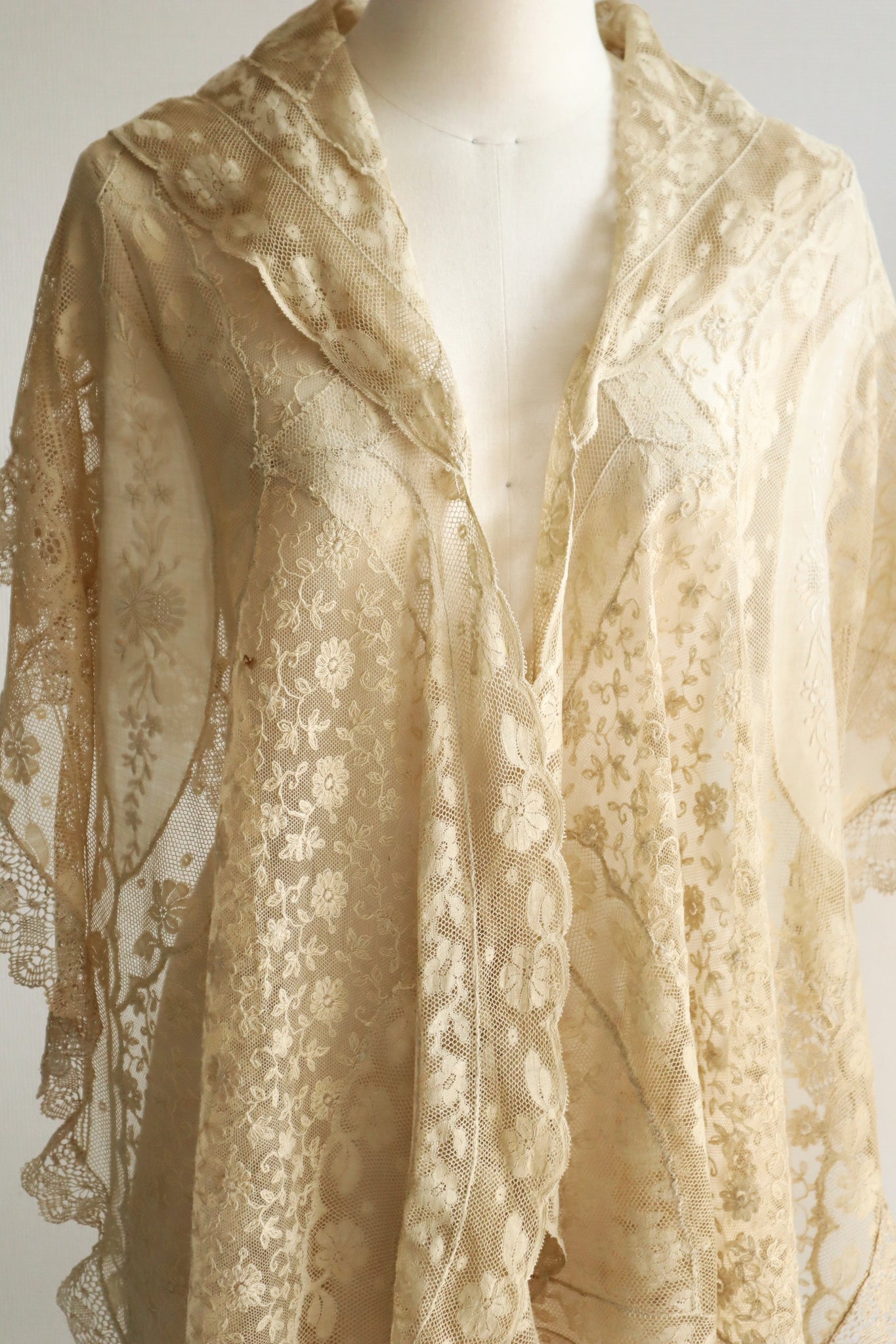 1910s–1920s Normandy Lace Appliqué Shawl with Hand Embroidery