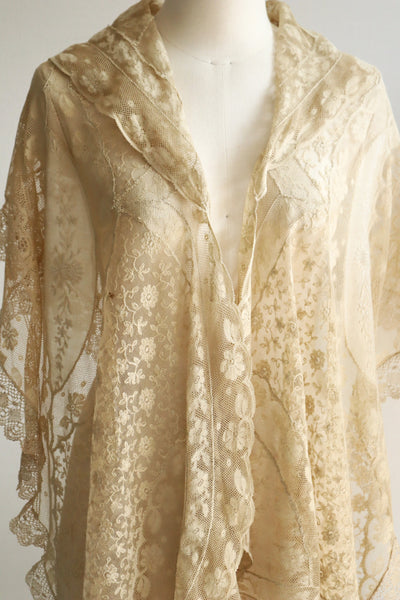 1910s–1920s Normandy Lace Appliqué Shawl with Hand Embroidery