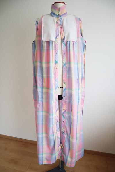 70s Pastel Rainbow Cotton Checked Maxi Dress