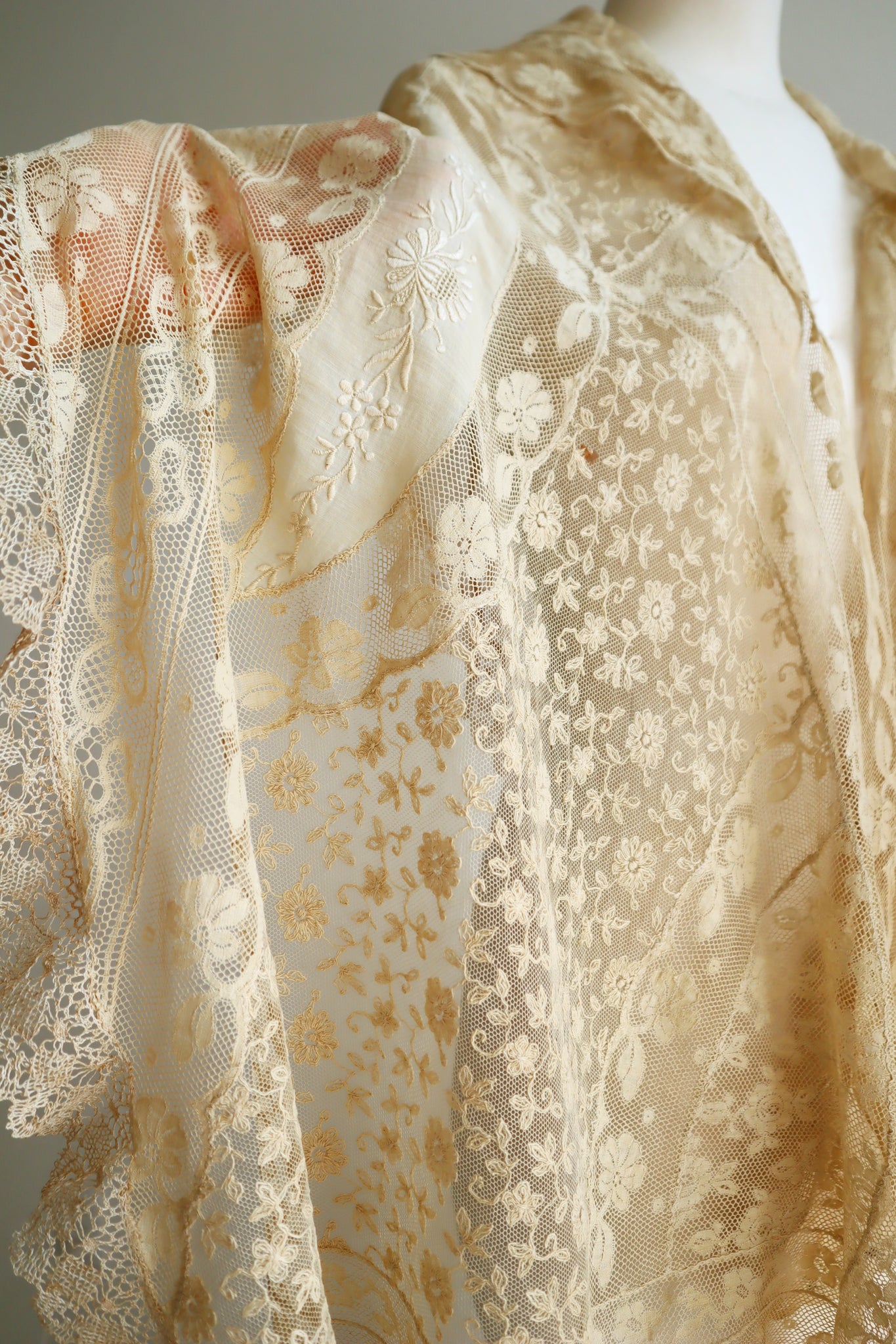 1910s–1920s Normandy Lace Appliqué Shawl with Hand Embroidery