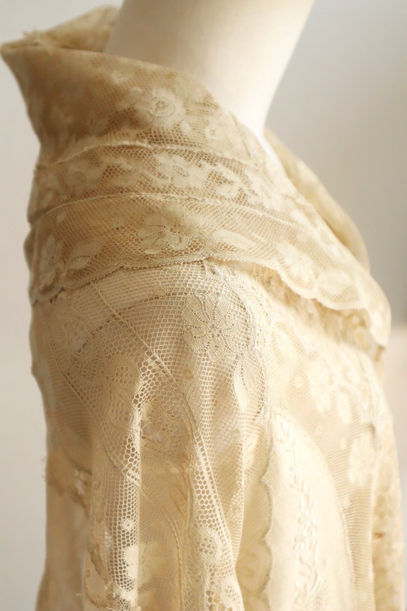 1910s–1920s Normandy Lace Appliqué Shawl with Hand Embroidery