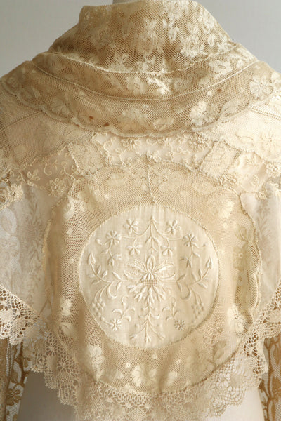 1910s–1920s Normandy Lace Appliqué Shawl with Hand Embroidery
