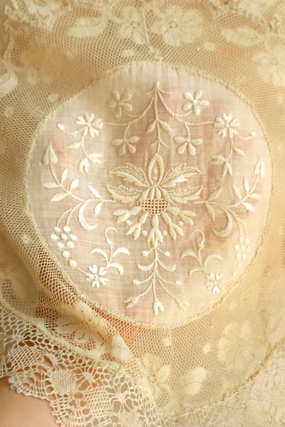 1910s–1920s Normandy Lace Appliqué Shawl with Hand Embroidery