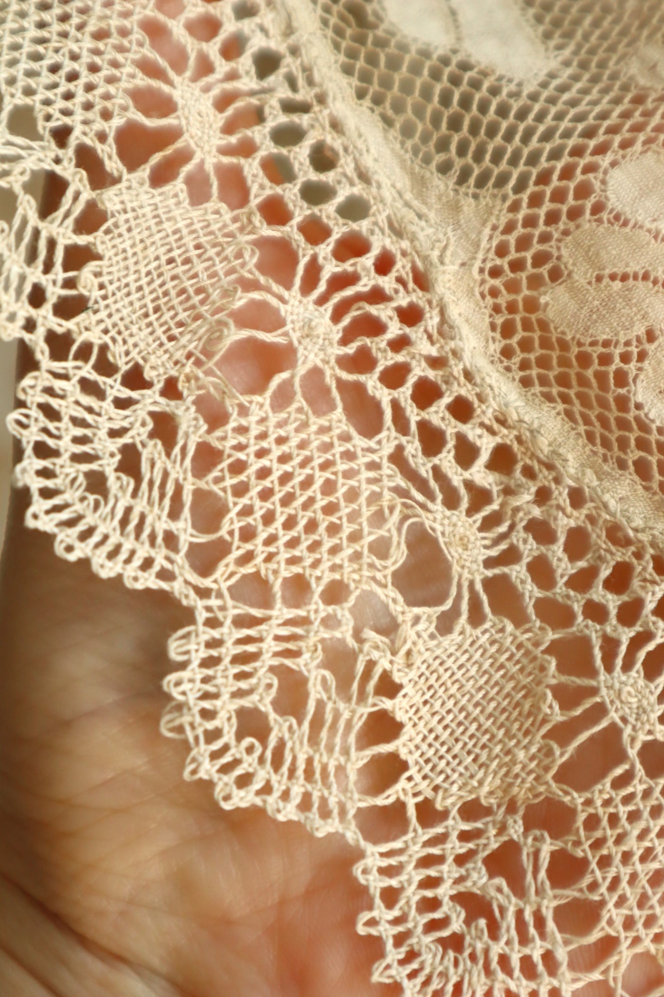 1910s–1920s Normandy Lace Appliqué Shawl with Hand Embroidery