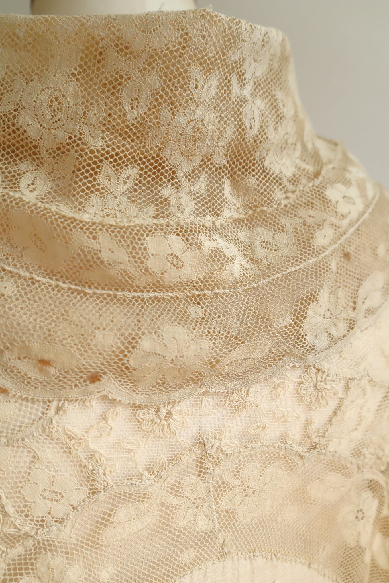 1910s–1920s Normandy Lace Appliqué Shawl with Hand Embroidery