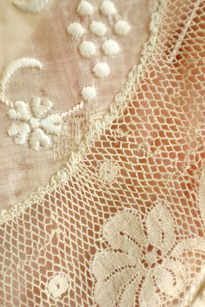 1910s–1920s Normandy Lace Appliqué Shawl with Hand Embroidery