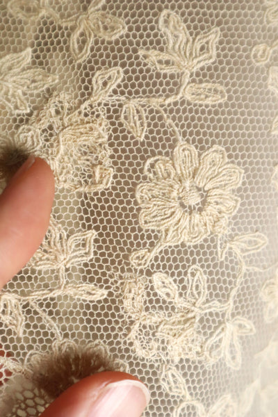 1910s–1920s Normandy Lace Appliqué Shawl with Hand Embroidery