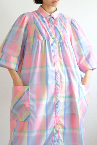 70s Pastel Rainbow Cotton Checked Maxi Dress