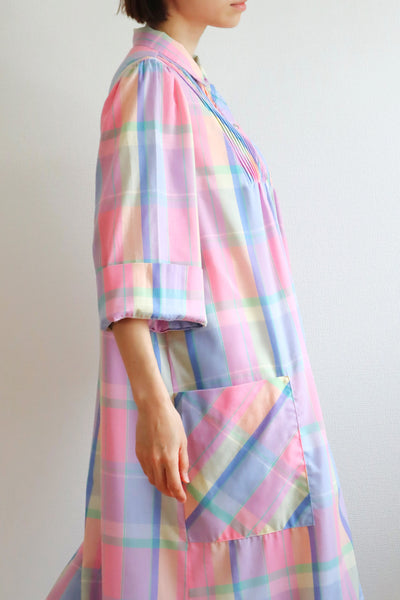 70s Pastel Rainbow Cotton Checked Maxi Dress