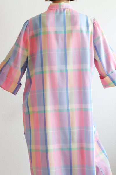 70s Pastel Rainbow Cotton Checked Maxi Dress