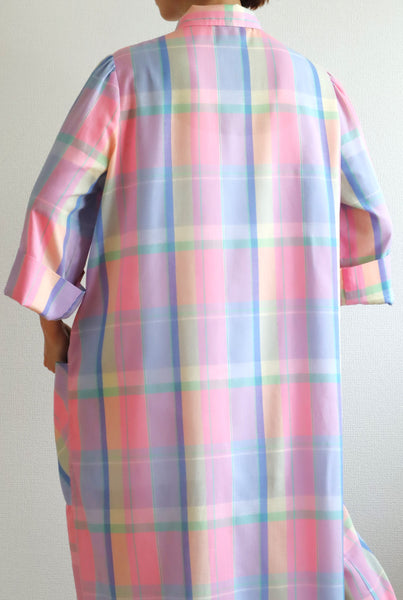 70s Pastel Rainbow Cotton Checked Maxi Dress