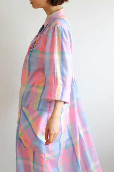 70s Pastel Rainbow Cotton Checked Maxi Dress