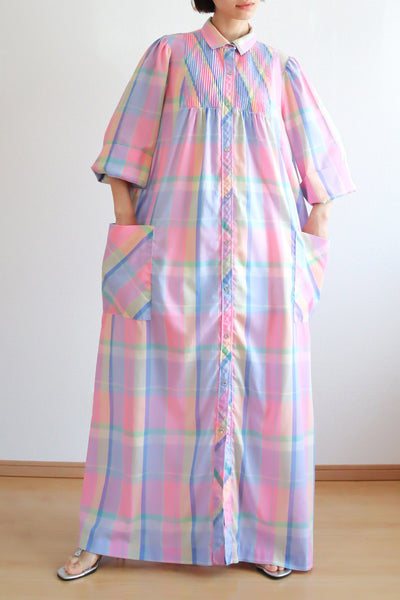 70s Pastel Rainbow Cotton Checked Maxi Dress