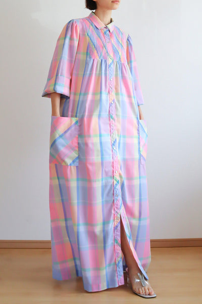 70s Pastel Rainbow Cotton Checked Maxi Dress