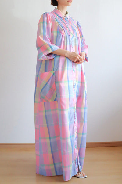 70s Pastel Rainbow Cotton Checked Maxi Dress