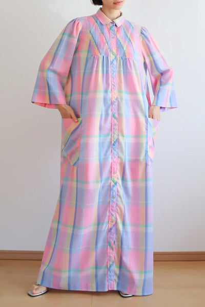70s Pastel Rainbow Cotton Checked Maxi Dress