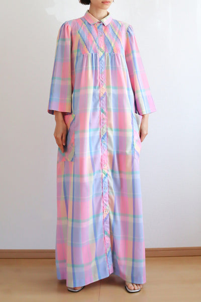 70s Pastel Rainbow Cotton Checked Maxi Dress