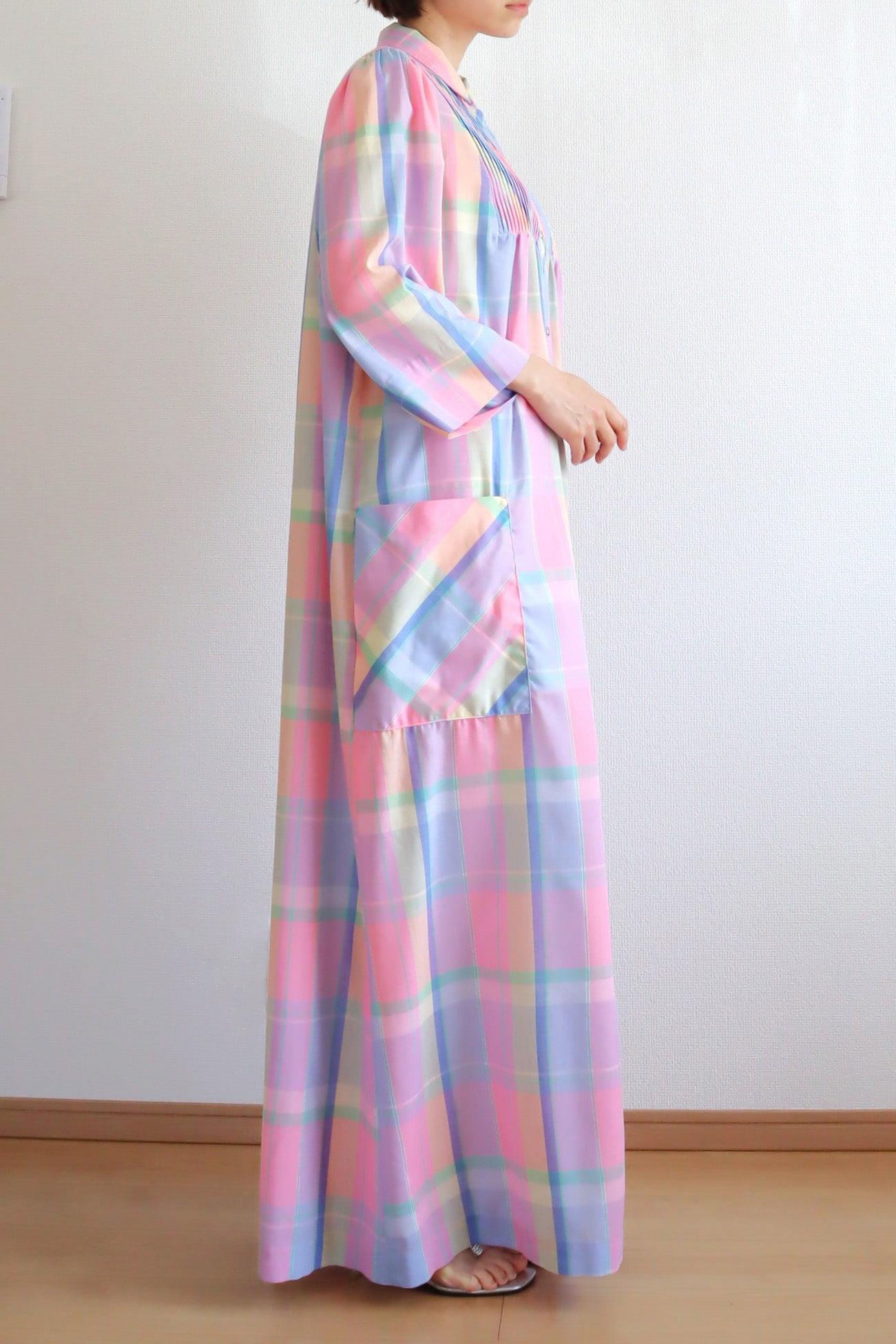 70s Pastel Rainbow Cotton Checked Maxi Dress