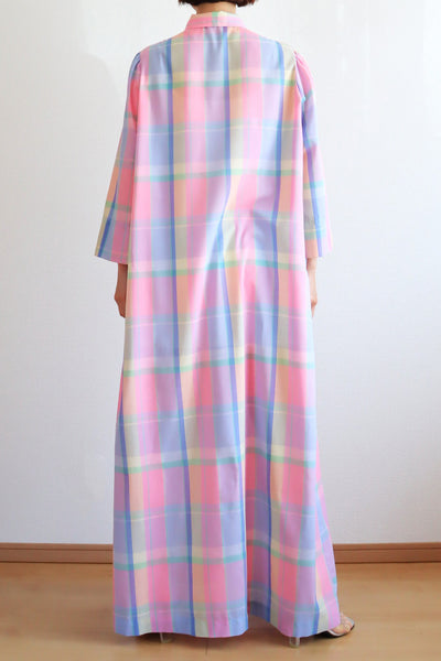 70s Pastel Rainbow Cotton Checked Maxi Dress
