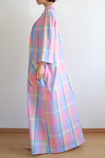 70s Pastel Rainbow Cotton Checked Maxi Dress