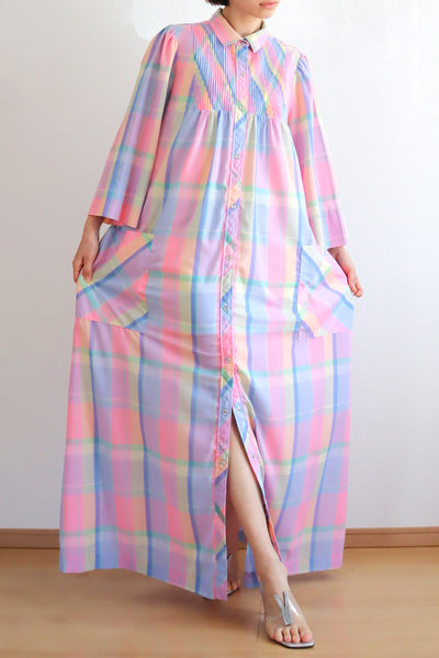 70s Pastel Rainbow Cotton Checked Maxi Dress