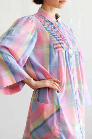 70s Pastel Rainbow Cotton Checked Maxi Dress