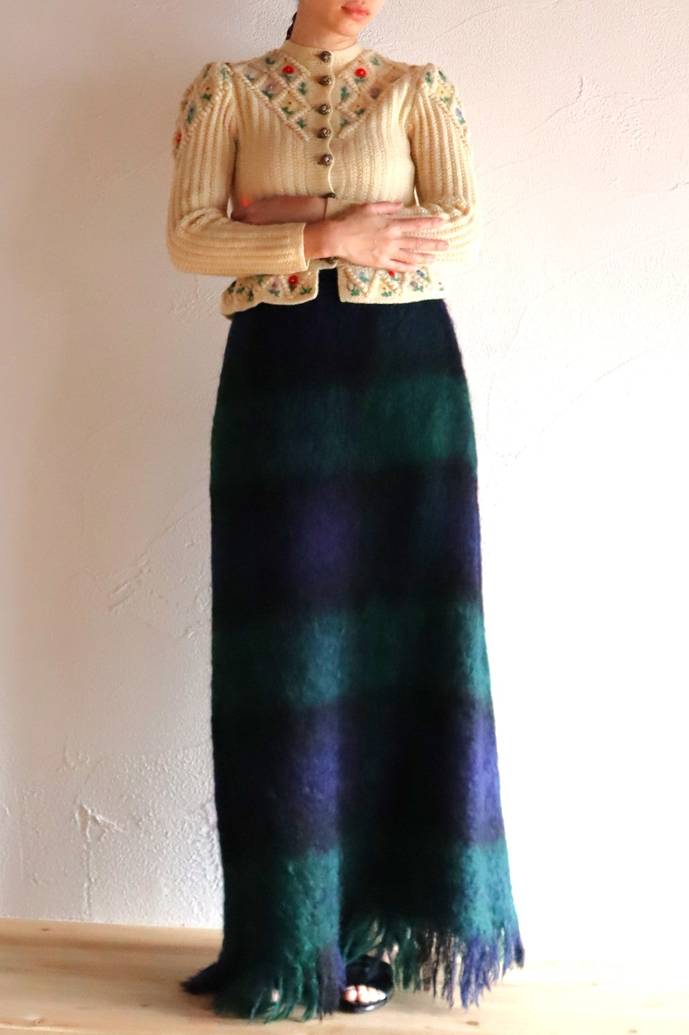 70s Scottish Green×Navy Mohair Skirt