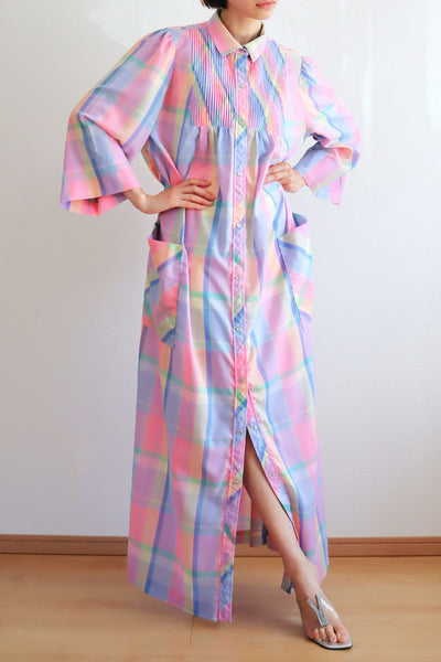 70s Pastel Rainbow Cotton Checked Maxi Dress