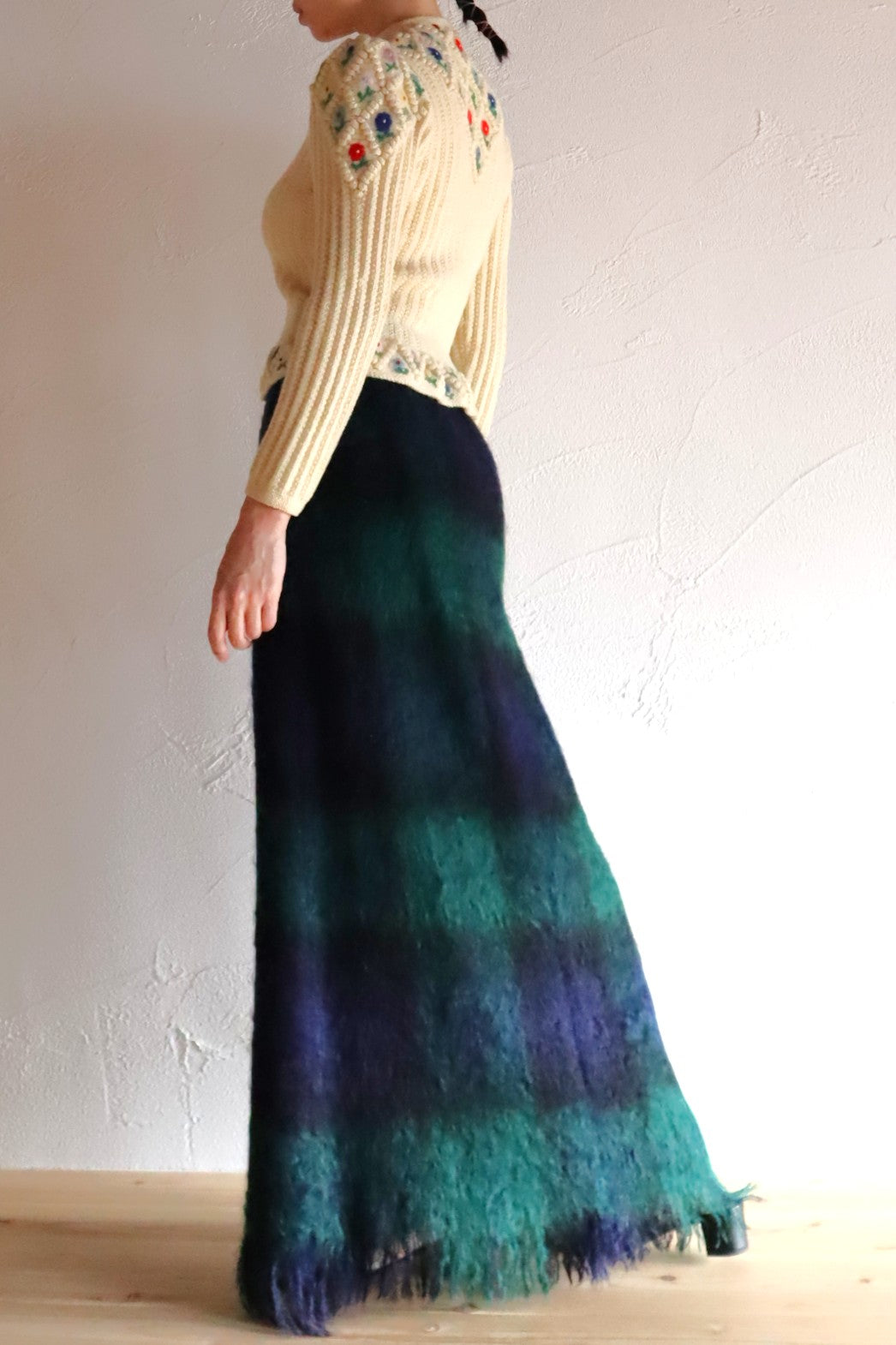 70s Scottish Green×Navy Mohair Skirt
