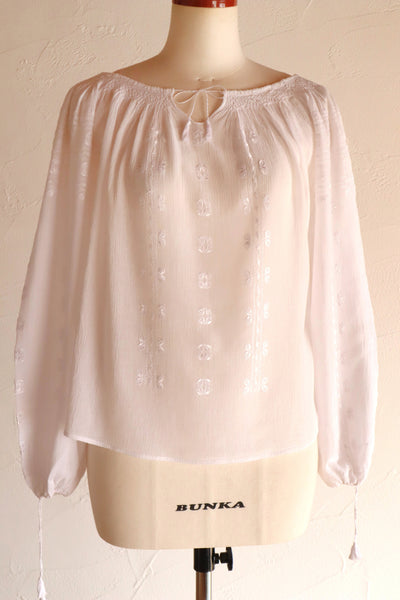 70s Embroidery Romanian Blouse White