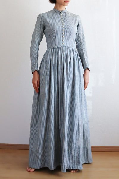 1890s Blue Striped Calico Dress