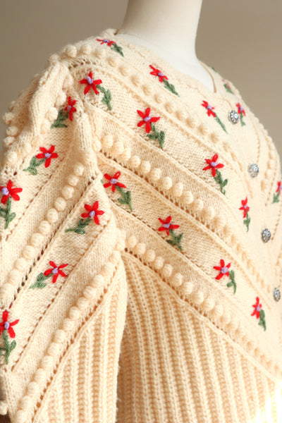 80s Flower Embroidery Cream Austrian Cardigan