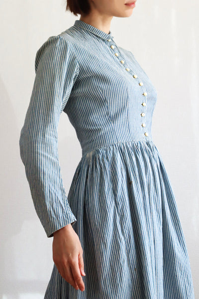 1890s Blue Striped Calico Dress