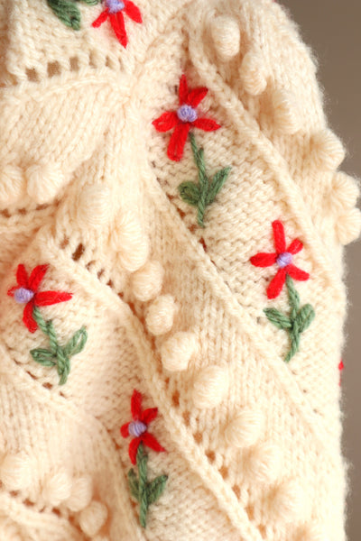 80s Flower Embroidery Cream Austrian Cardigan