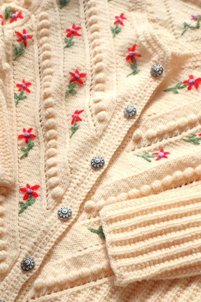 80s Flower Embroidery Cream Austrian Cardigan