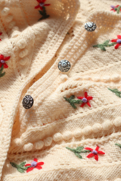 80s Flower Embroidery Cream Austrian Cardigan