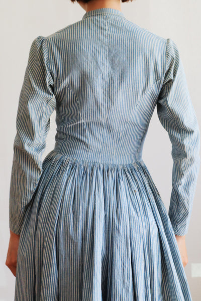 1890s Blue Striped Calico Dress