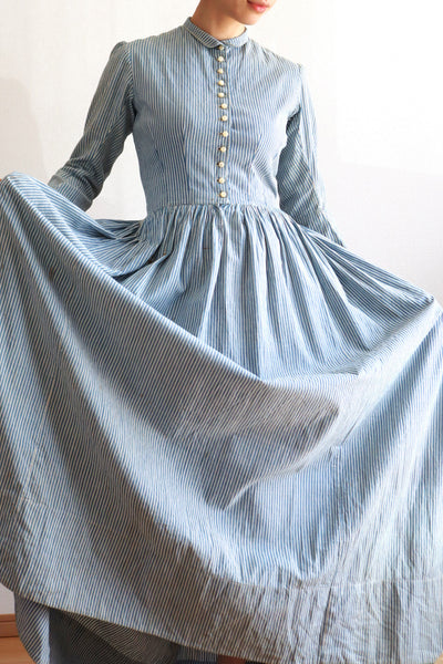 1890s Blue Striped Calico Dress