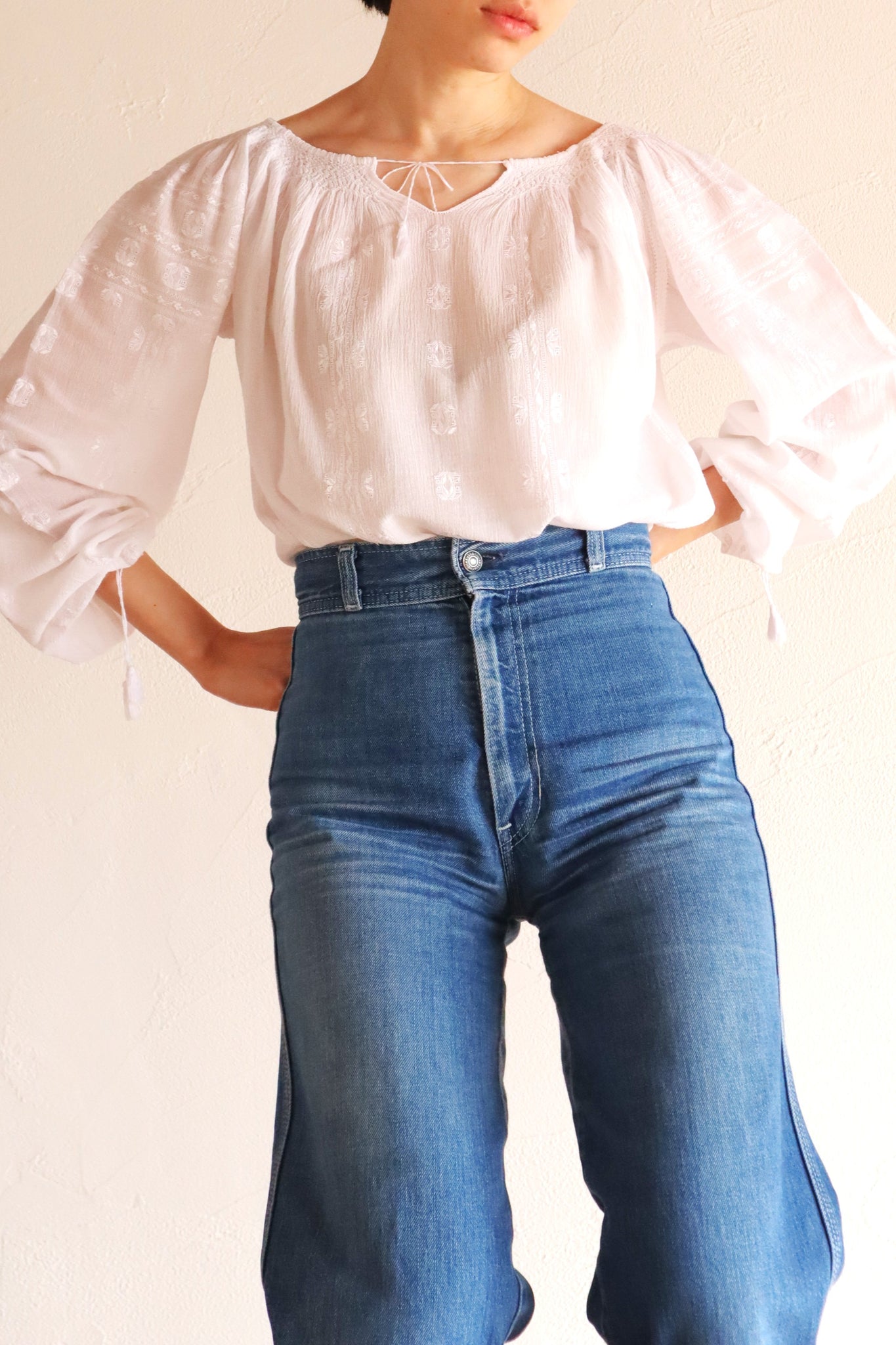 70s Embroidery Romanian Blouse White