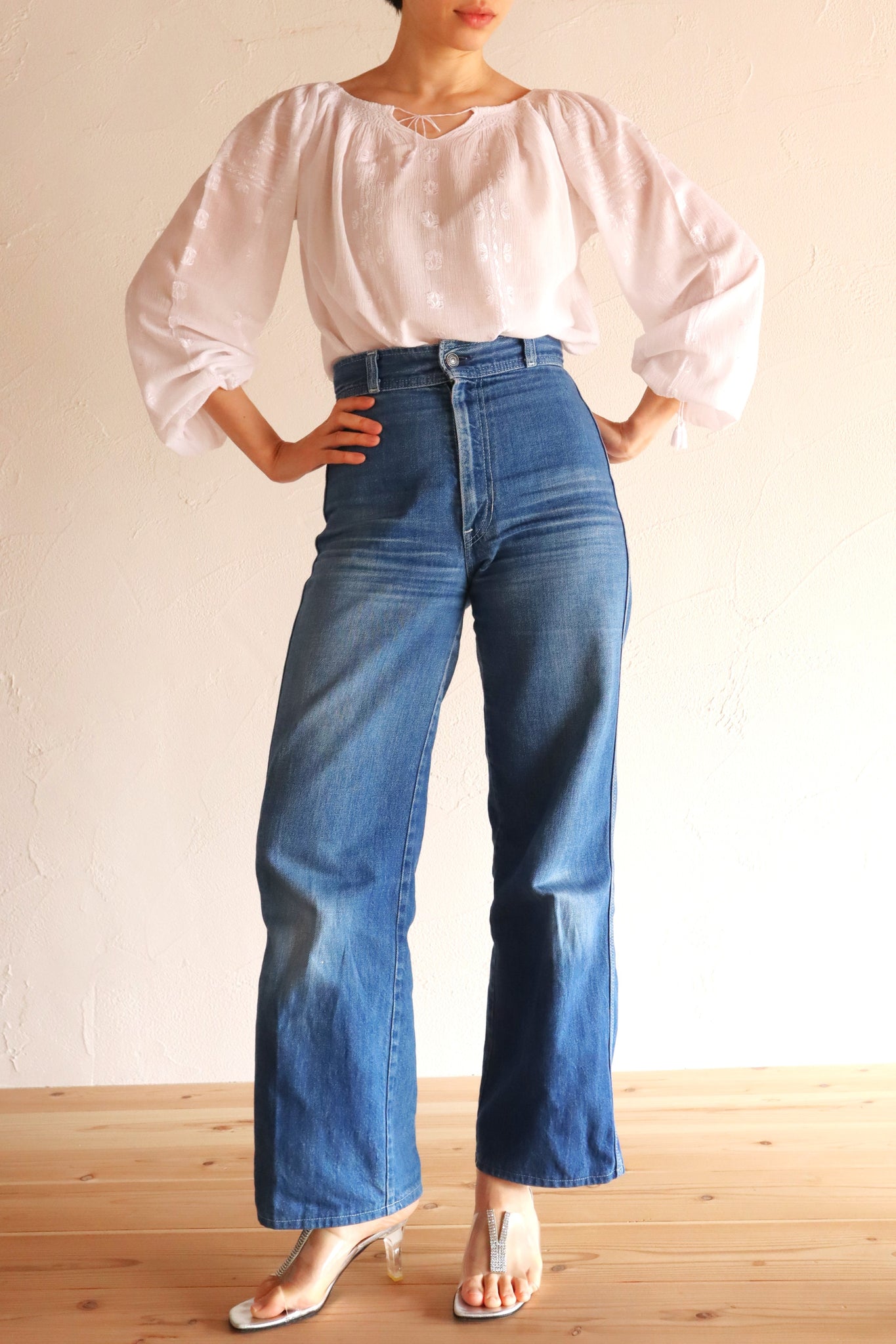 70s Embroidery Romanian Blouse White