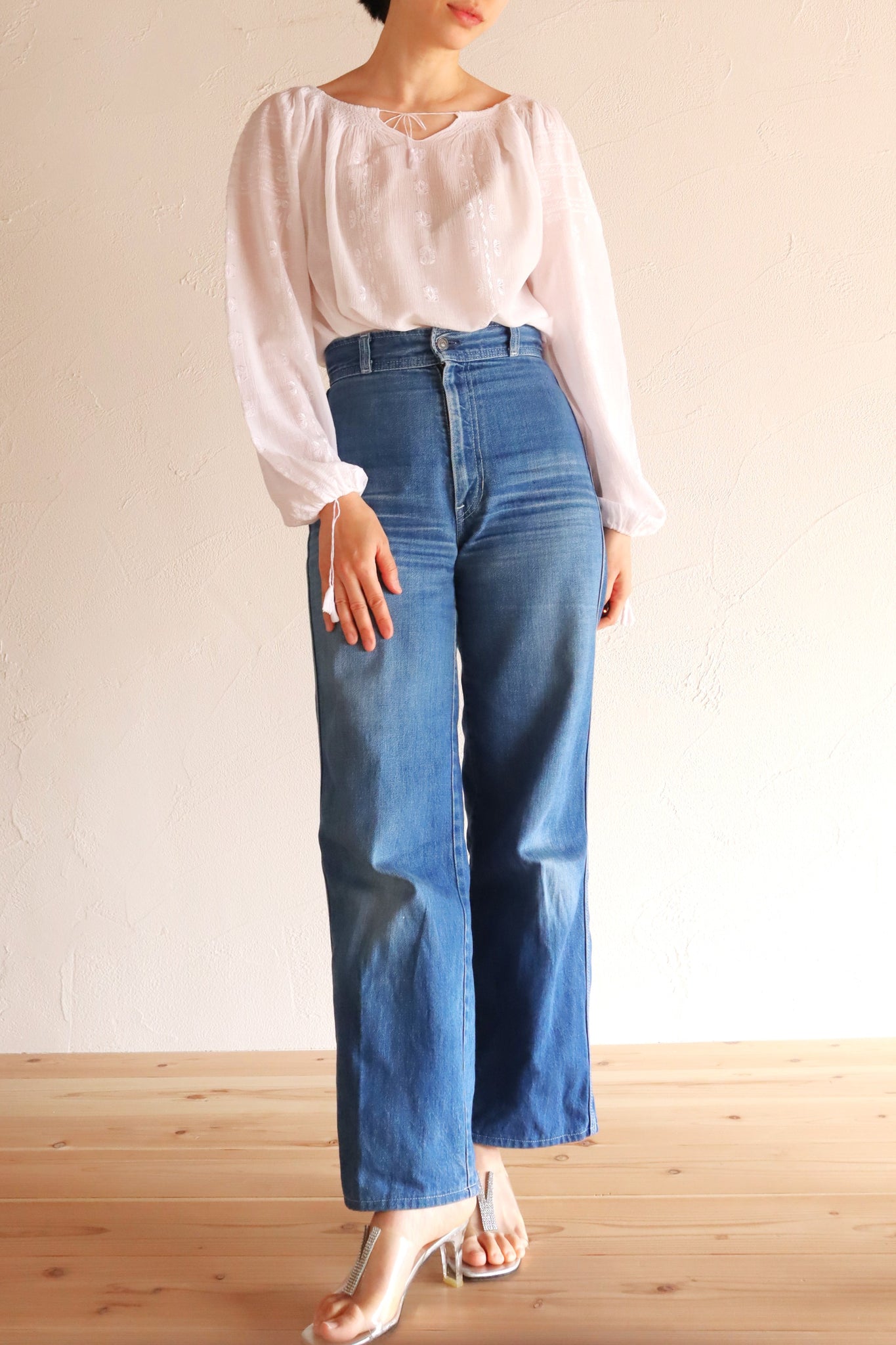 70s Embroidery Romanian Blouse White
