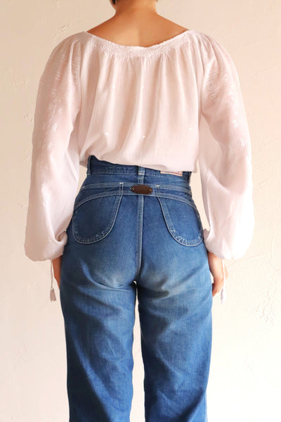70s Embroidery Romanian Blouse White