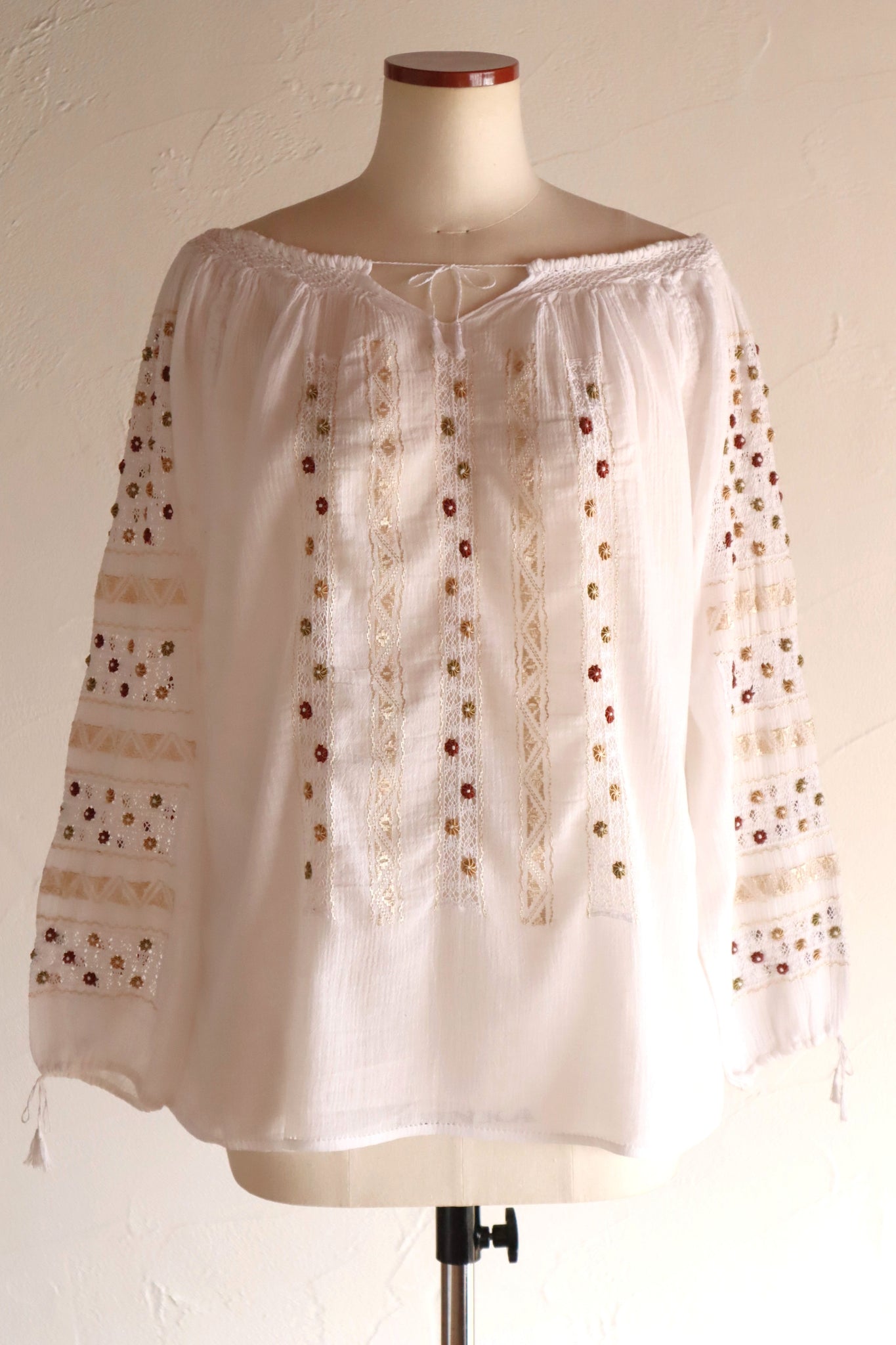 60s~70s Romanian Blouse White×Brown
