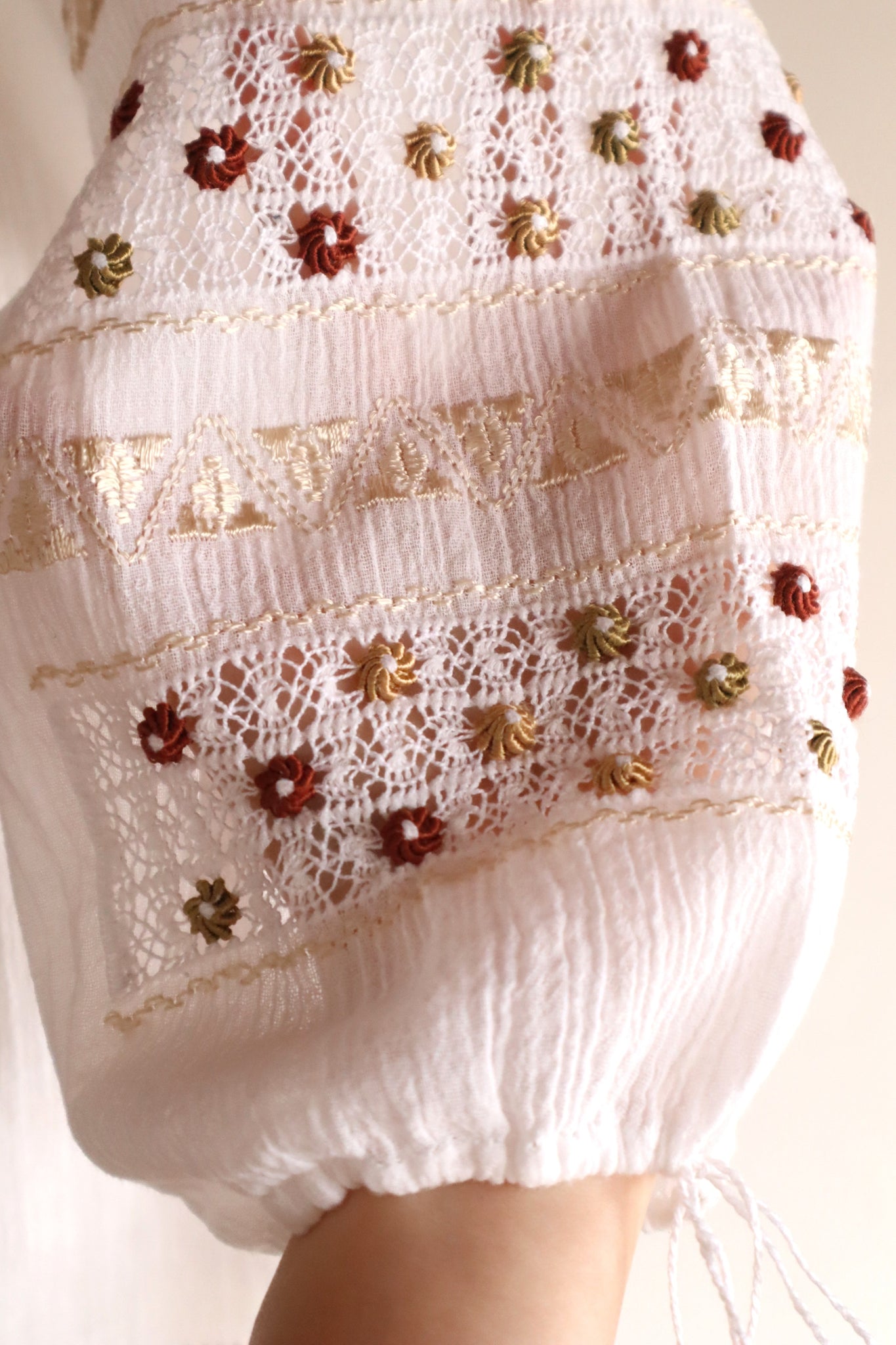 60s~70s Romanian Blouse White×Brown