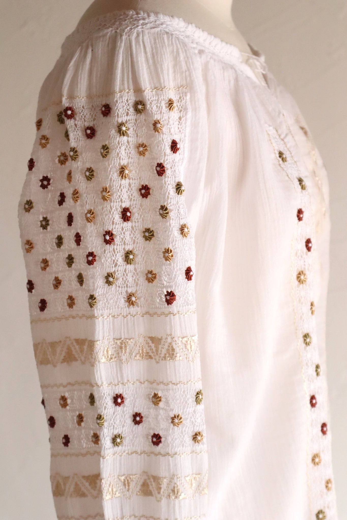 60s~70s Romanian Blouse White×Brown