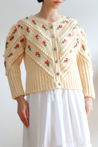 80s Flower Embroidery Cream Austrian Cardigan