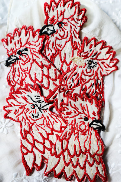 1910s–1920s French Hand-Embroidered Linen Chicken Egg Warmers (Set of 5)