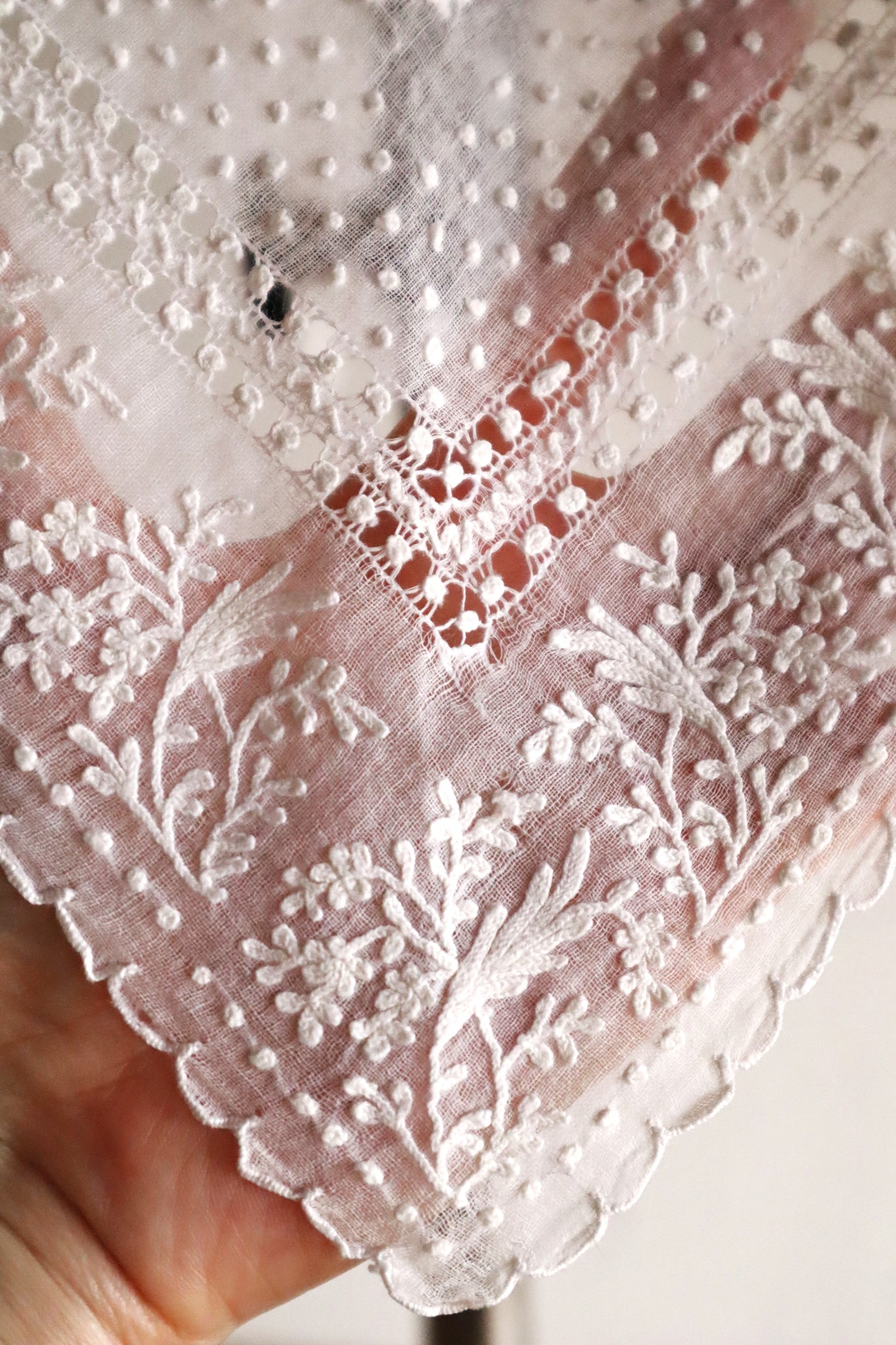 19th Century French Muslin Embroidered Fichu Shawl