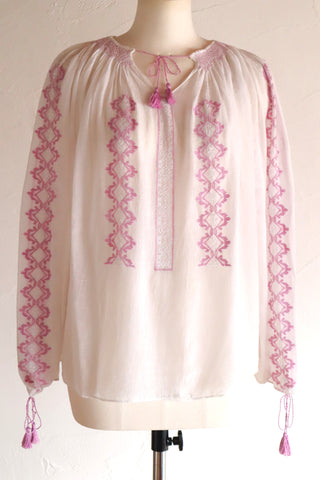 70s Embroidery Romanian Blouse Pink