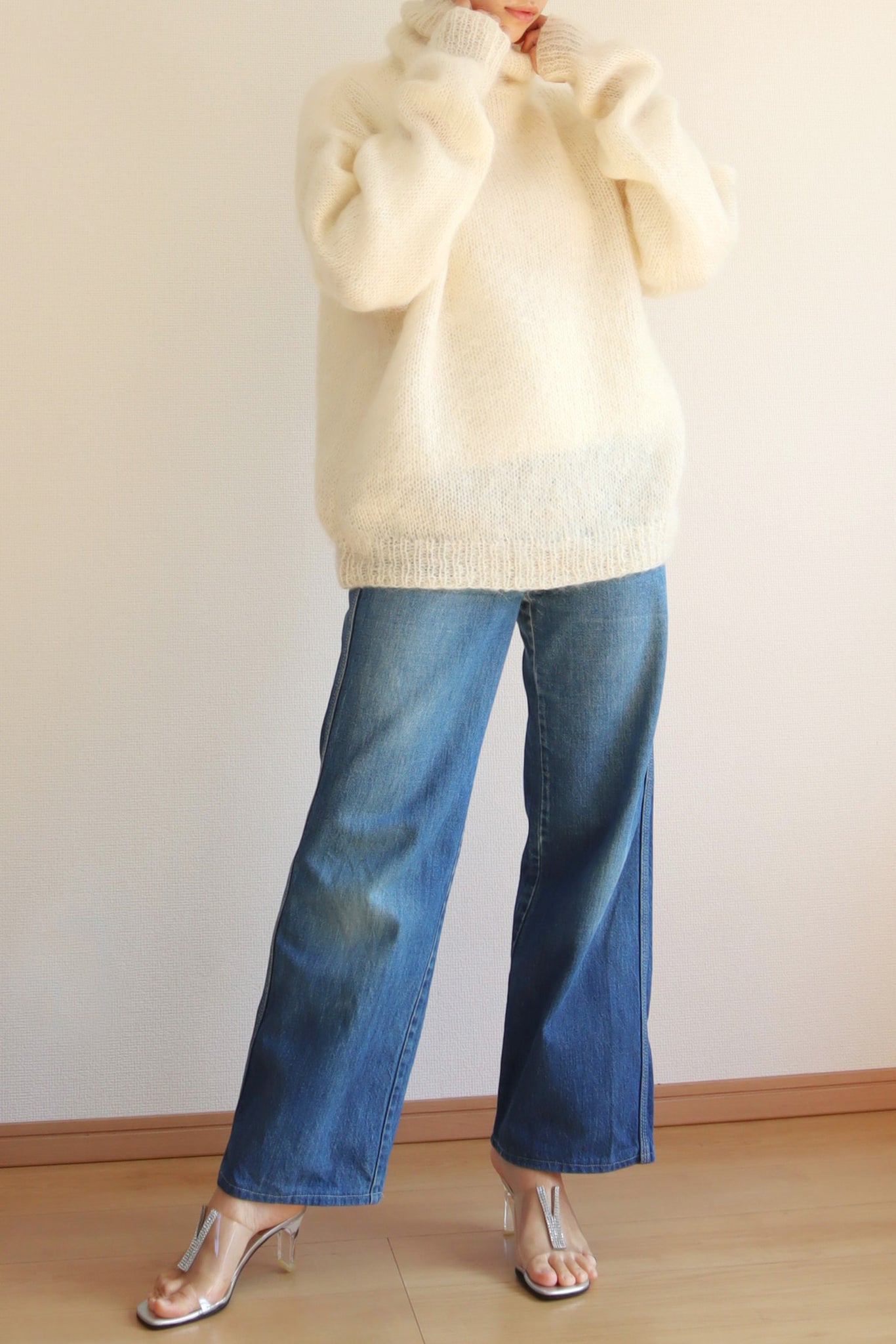 80s Hand Knit White Mohair Sweater Size XL